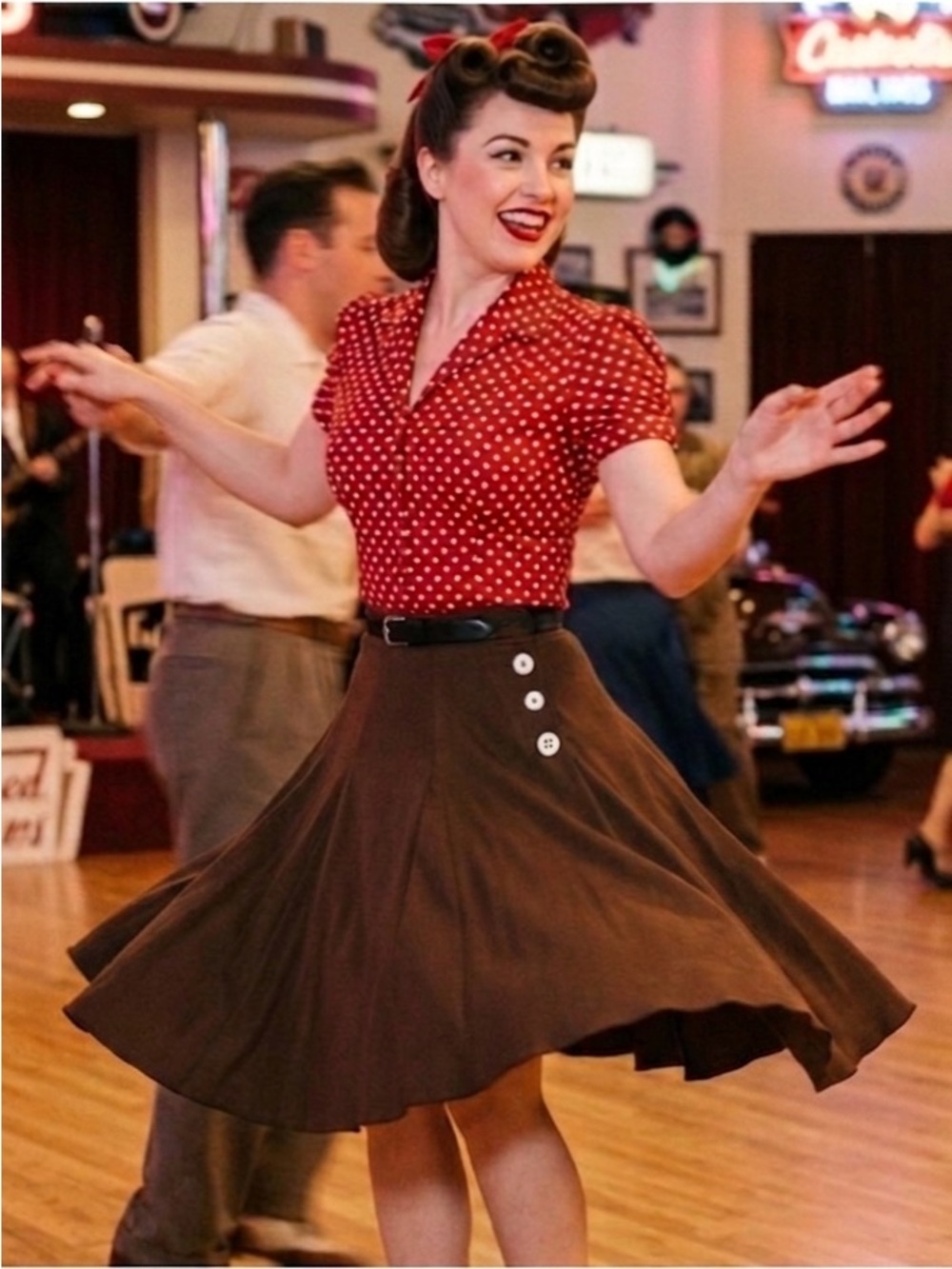 Loco Lindo Deadstock Satin Brown Button-Detail Repro 40s Swing Dance Skirt M/L